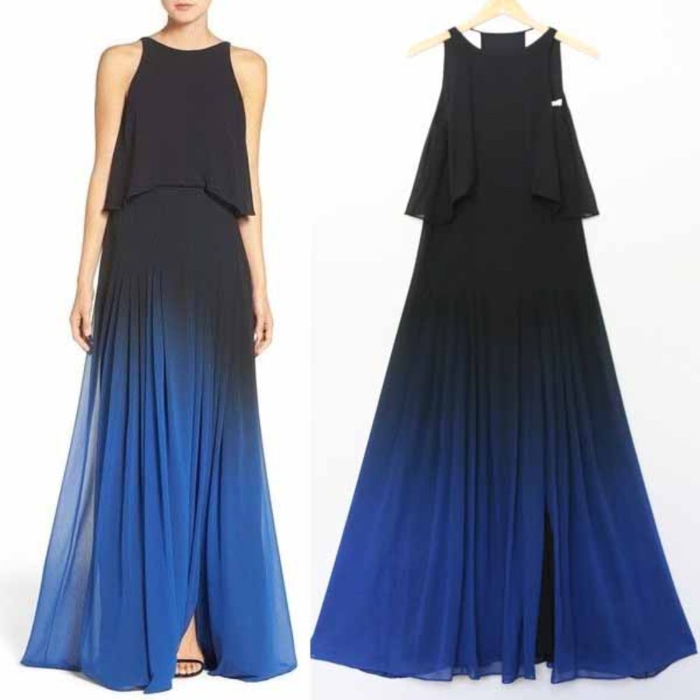 Halston Heritage 100% Silk Cutout Ombre Maxi Dress Gown Black Ultramarine 2 $695